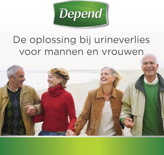 Depend: de oplossing bij urineverlies voor mannen en vrouwen. Twee lachende koppels op het strand.