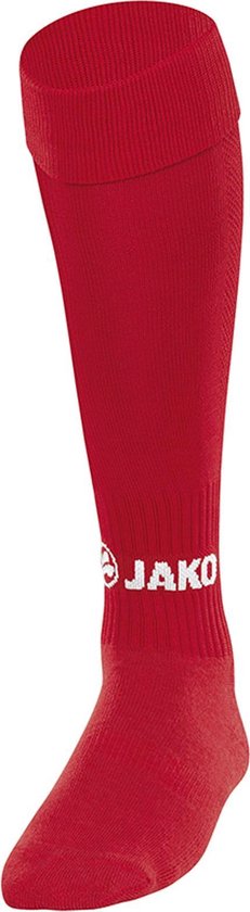 Une chaussette de sport Jako rouge avec un logo Jako blanc sur le mollet.