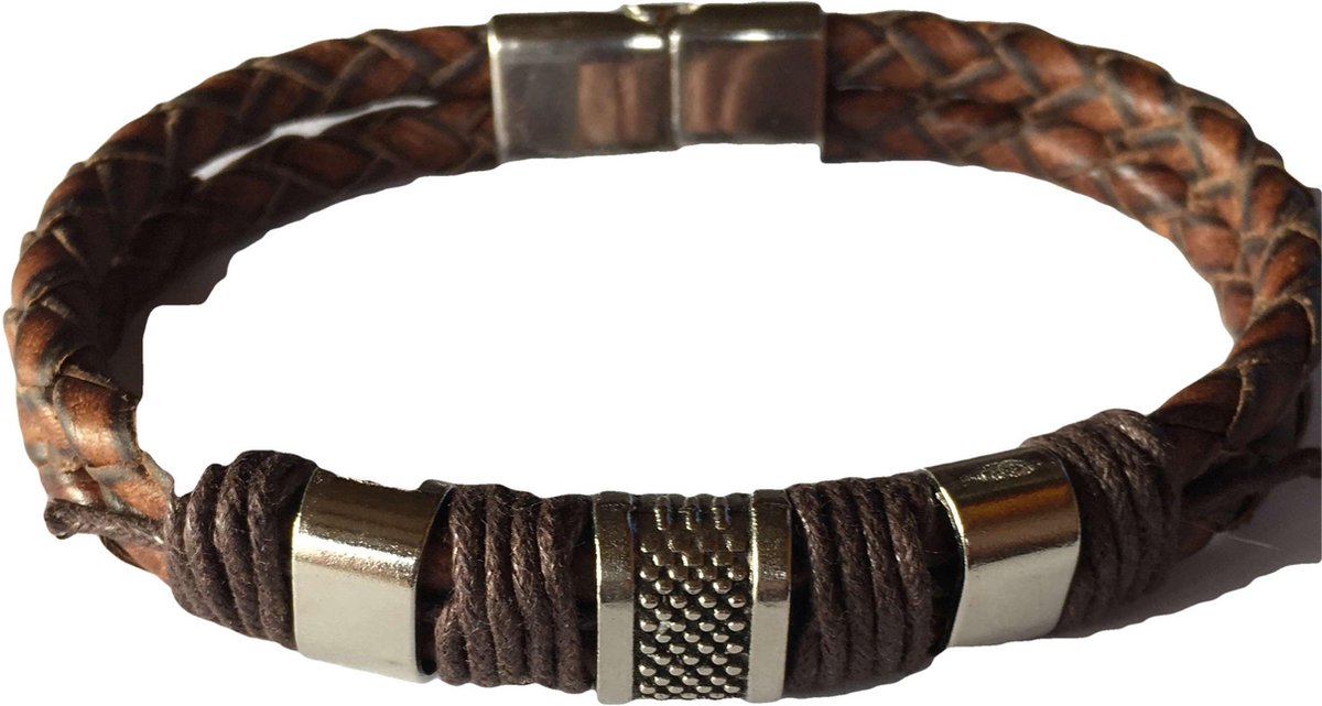 Heren armband leer bruin met schuifsluiting