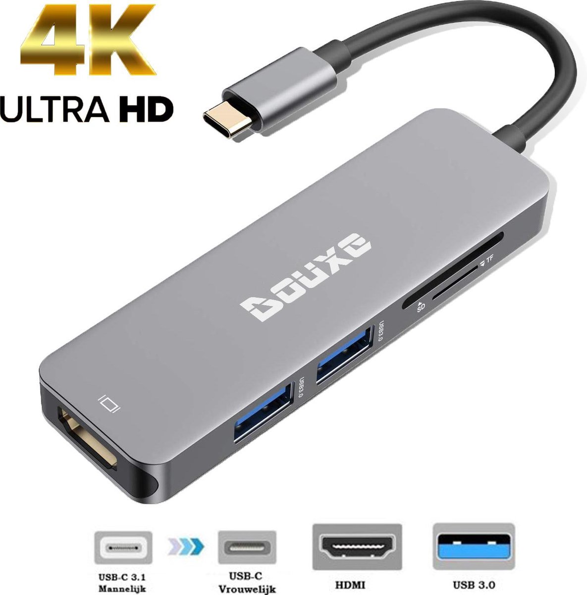 USB-C hub naar HDMI (4K/30hz), 3.0 USB en SD/TF Card Reader door Douxe