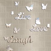 Zelfklevende Live Laugh Love Spiegel Stickers - Wand Decoratie Liefde Met Vlinders - Spiegelende Tegelstickers Muurstickers - 3D Spiegelstickers - Zilver Kleurig