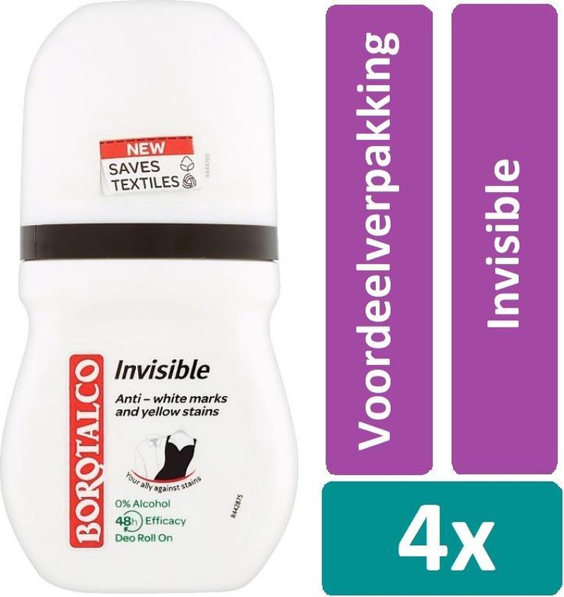 Borotalco Deodorant Roll On 50 ml Invisible 4 stuks Voordeelverpakking