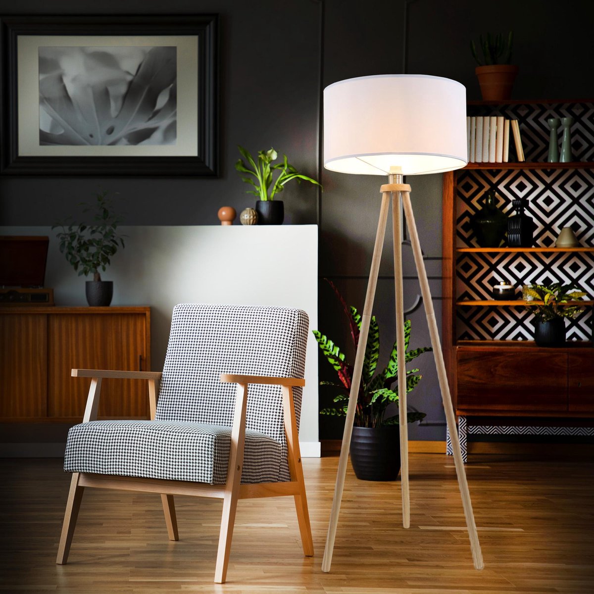 BRILONER - Vloerlamp scandi - stoff en hout - woonkamer lamp - witte staande lamp - E27 fitting - h: 148cm - Ø45.5cm thumbnail 5