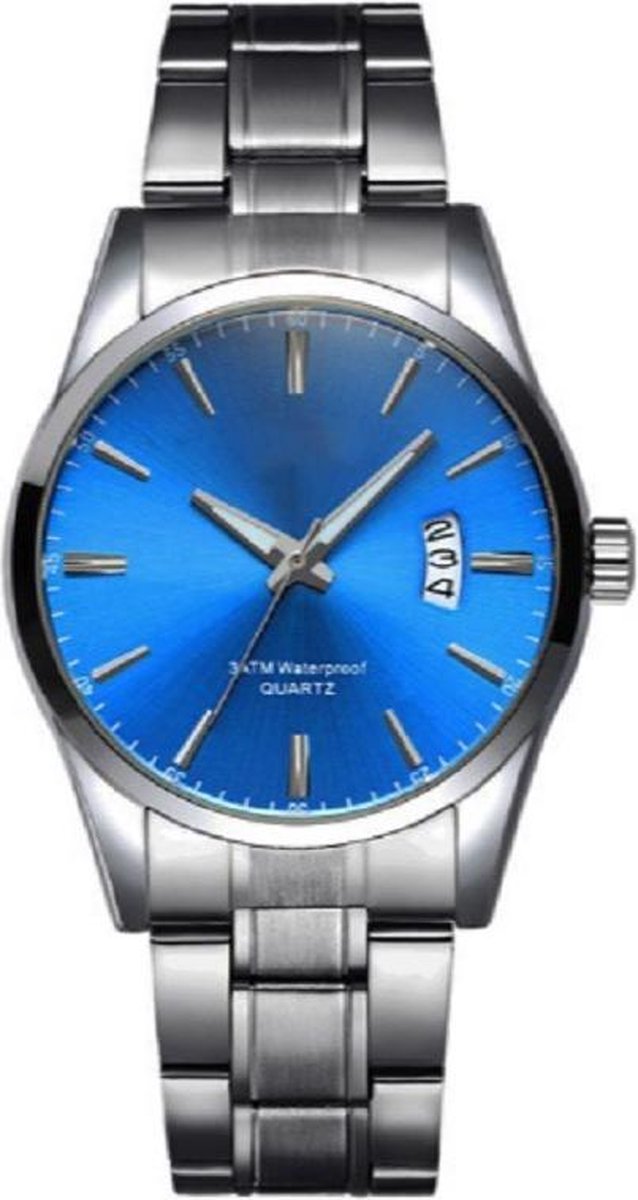 Stijlvol heren horloge - zilver- blauw - 40 mm - I-deLuxe verpakking