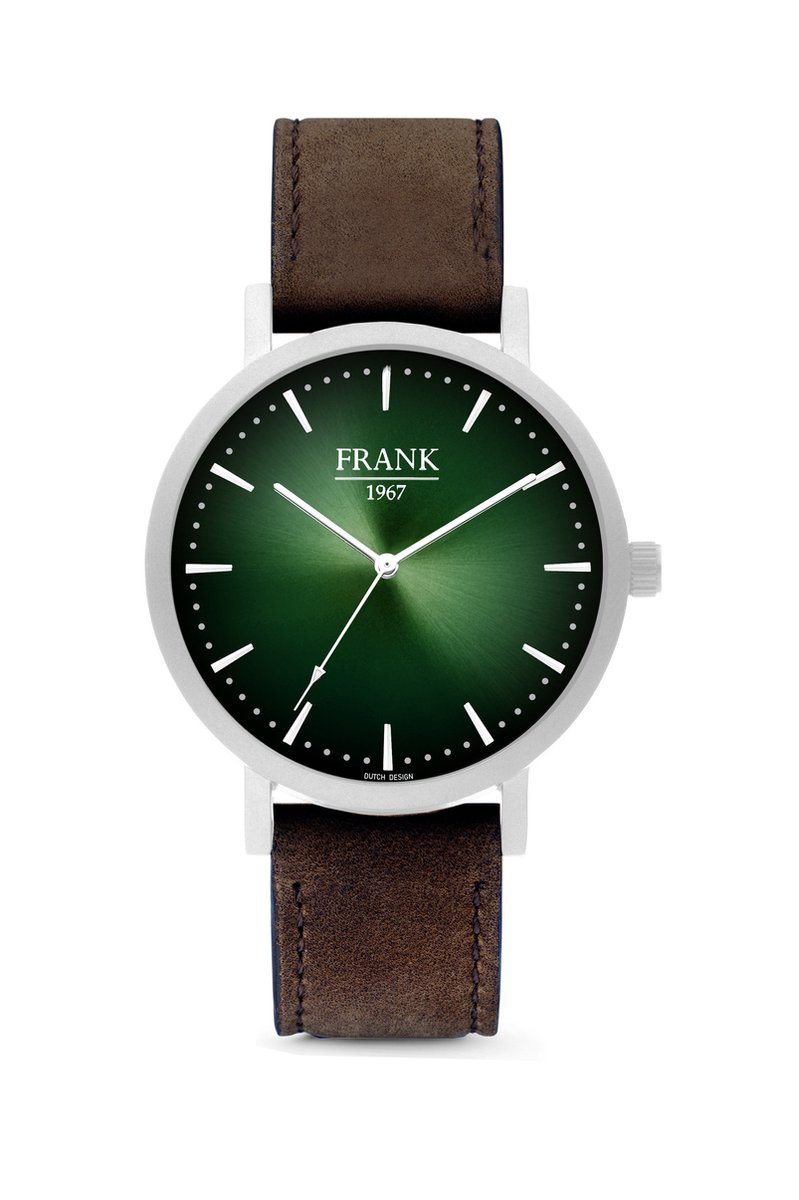 Frank 1967 7FW 0022 Metalen Horloge met Leren Band -Doorsnee 42 mm - Groen- Zilverkleurig