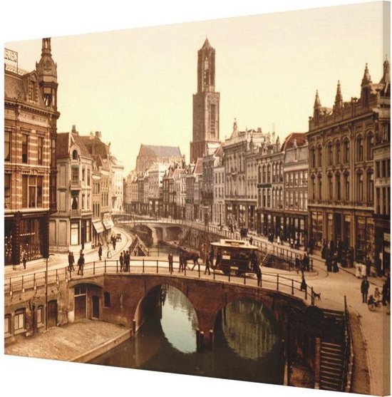 Oud Stadsgezicht Utrecht Dom - Oude Foto Print op Canvas Doek - 90x60 cm