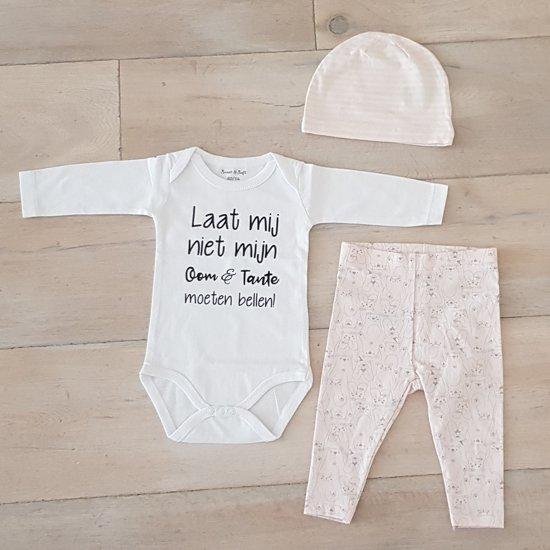 Baby kledingset cadeautje zwangerschap aankondiging| roze broekje en mutsje roze en witte romper lange mouw met tekst laat mij niet mijn oom en tante moeten bellen | zwangerschapsaankondiging geboorte