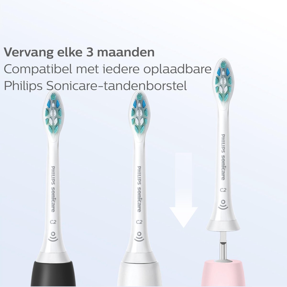 Vier Philips Sonicare C2 Optimal Plaque Defence opzetborstels met witte handvatten en blauwe en groene borstelharen.