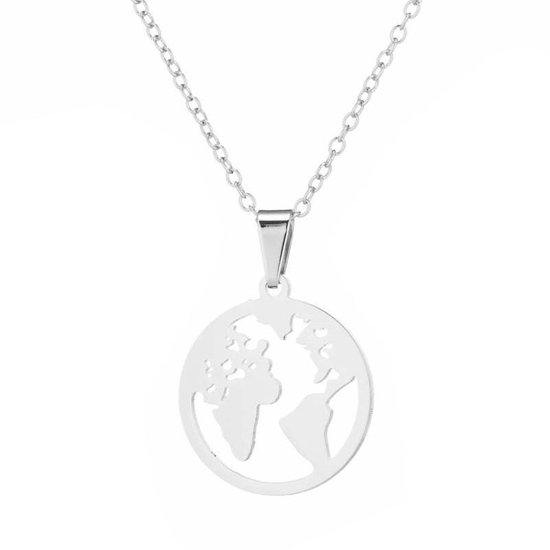 Fako Bijoux® - Ketting - Stainless Steel - Wereldkaart - Zilverkleurig
