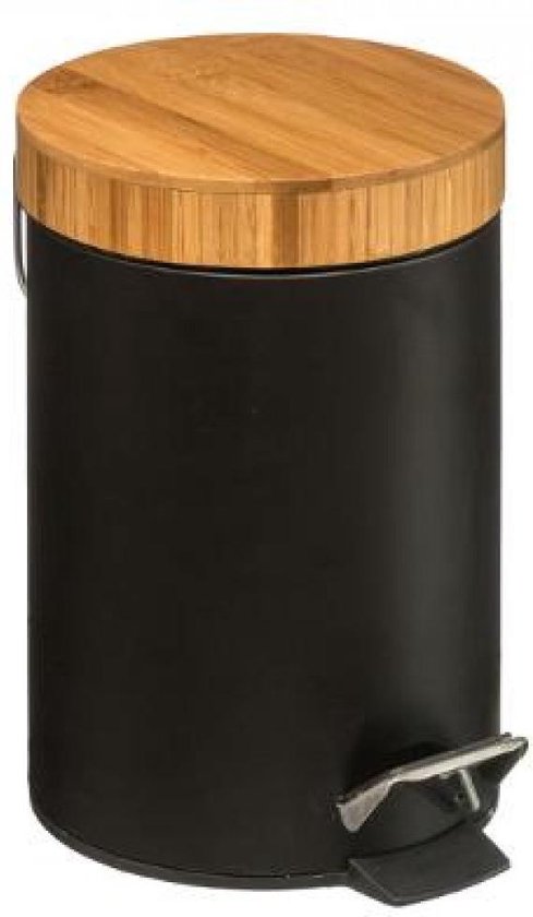 Stijlvolle prullenbak met bamboe deksel – Zwart / hout – Klein formaat - 3L - badkamer / wc / keuken / kantoor / horeca prullenbak