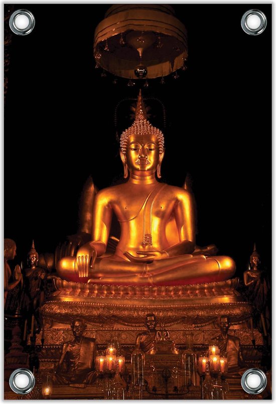 Tuinposter –Gouden Buddha met Kaarsen– 40x60cm Foto op Tuinposter (wanddecoratie voor buiten en binnen)