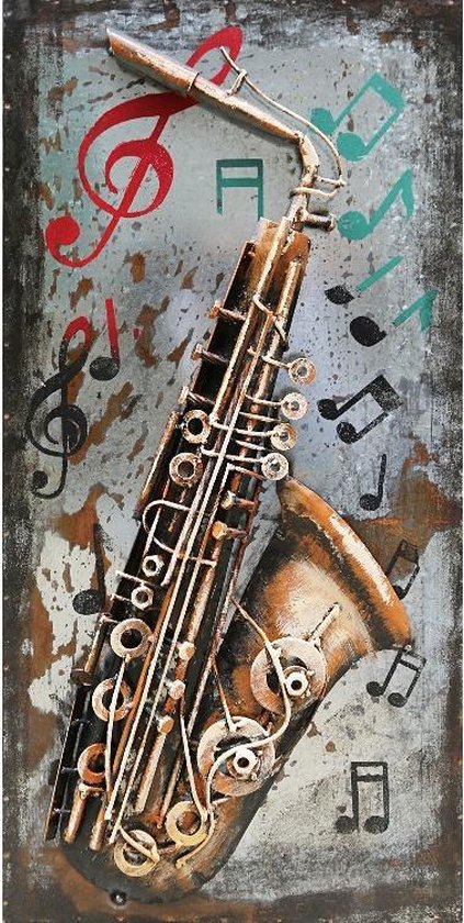 3D art Metaalschilderij - Saxofoon - handgeschilderd - 40 x 80 cm