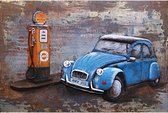 3D Metaalschilderij - 2 CV / Eend blauw en benzinepomp - handgeschilderd - 120 x 80 cm