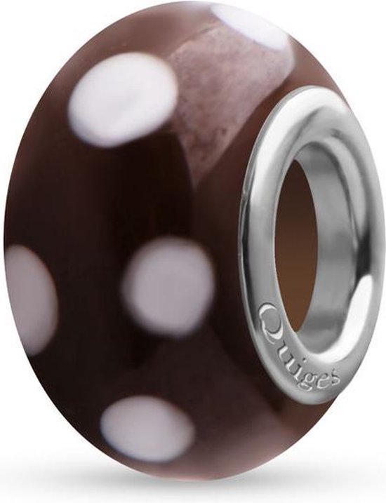 Quiges - Glazen - Kraal - Bedels - Beads Bruin met Witte Stippen Past op alle bekende merken armband NG902