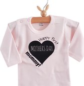 Baby romper roze meisje eerste moederdag tekst Happy first mothers day mommy | Lange mouw | roze zwart | maat 74-80