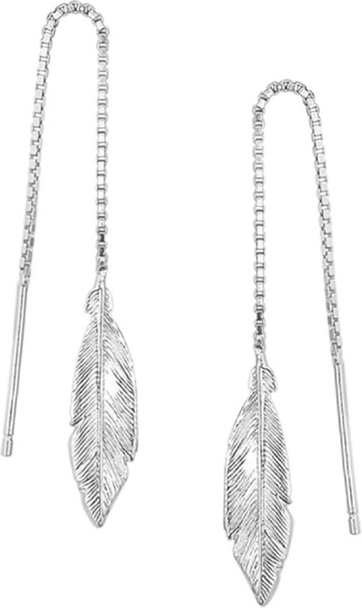 YO&NO - Oorbellen -  Zilver - Doortrekoorbellen - Veer - 75mm  - Sieraden Vrouw - Gerhodineerd - Zilver 925