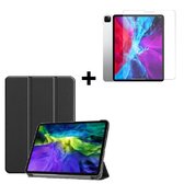 Geschikt voor iPad Pro 2020 / 2021 Hoesje - 11 inch - ipad pro 2020 / 2021 Screenprotector - Tri fold book case Tablet hoesje met stand Zwart + Tempered Gehard Glas / Glazen screen protector