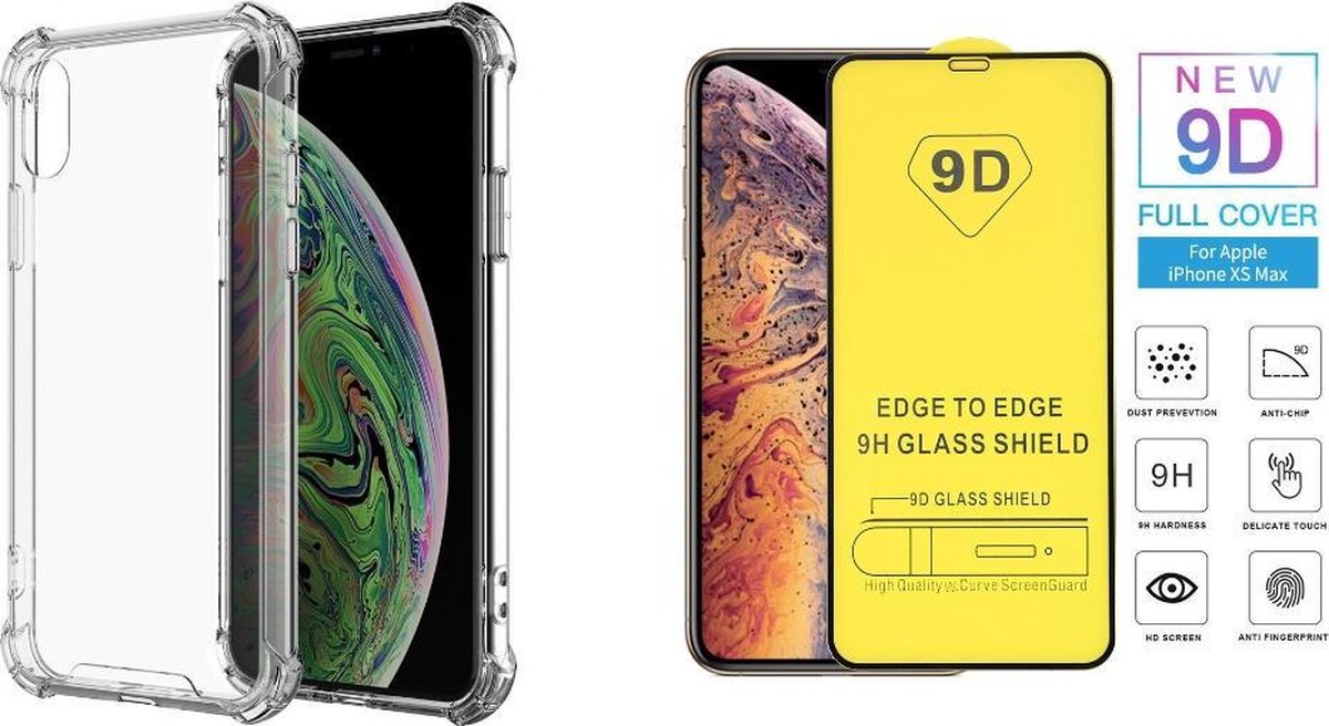 iPhone X / XS Hoesje - Transparant Anti Shock verstevigd Achterkant Case Backcover + 2 Tempered 9D screenprotector Full Cover Bescherm Glas voor iPhone X en XS