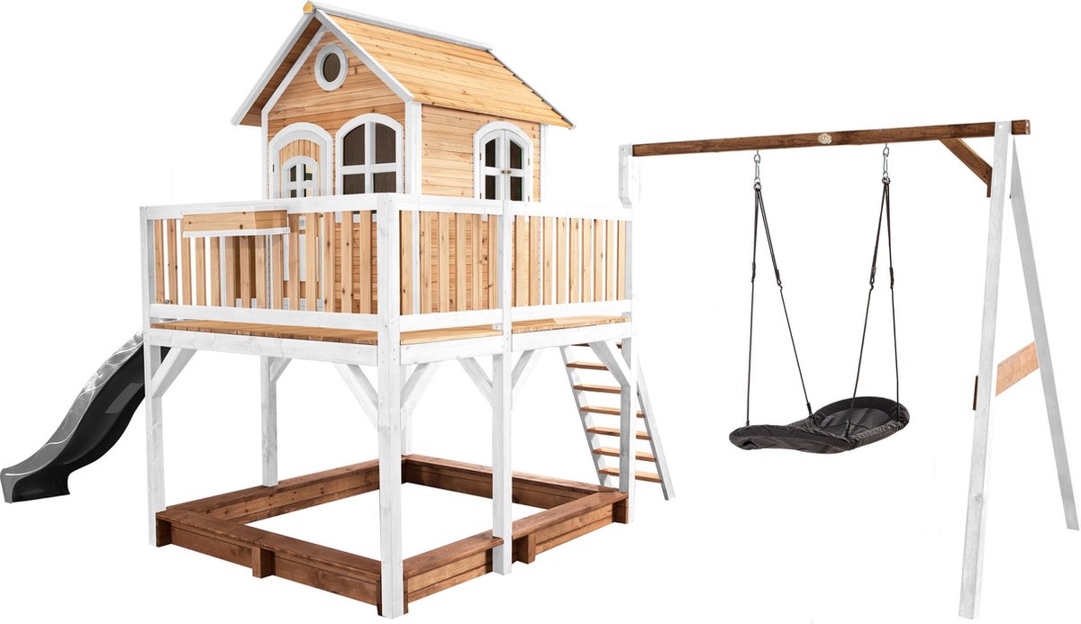 AXI Liam Speelhuis in Bruin/Wit - Met Roxy Nestschommel, Grijze Glijbaan en Zandbak - Speelhuisje op palen met veranda - FSC hout - Speeltoestel voor de tuin
