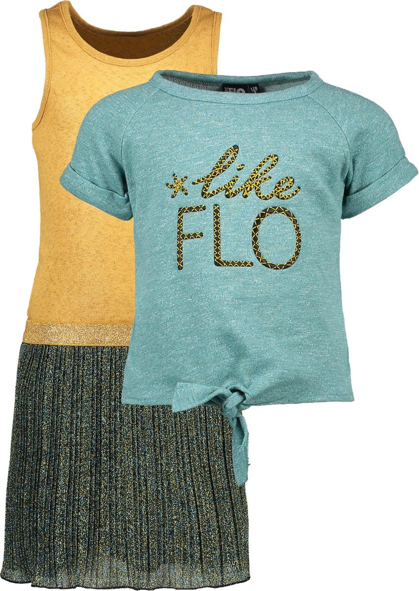Like FLO Meisjes 2-in-1 lurex plisse jurk met sweat top - groen - Maat 140  | bol.com