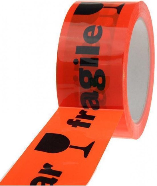 Afbeelding van Waarschuwingstape / breekbaar PP tape oranje 48mm x 66 meter - 1 rol