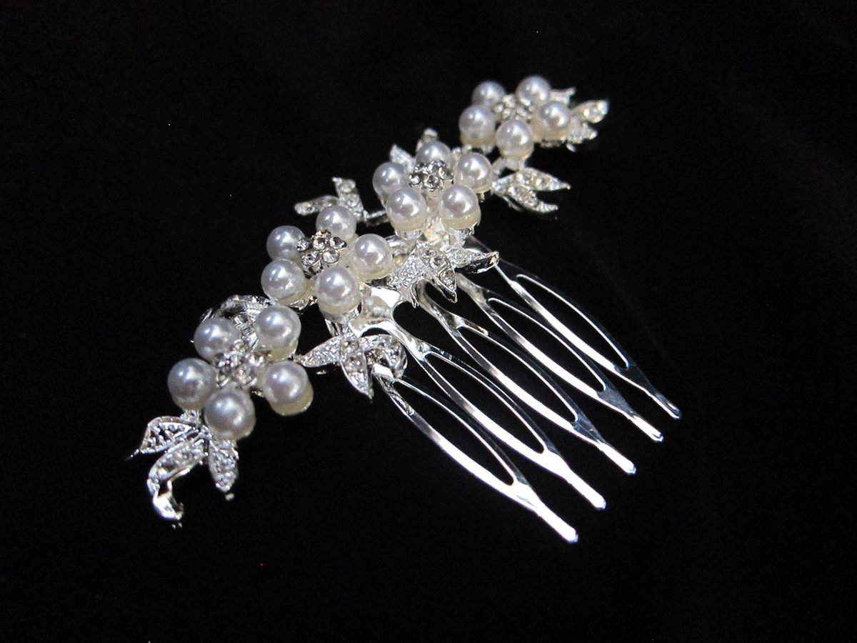Haarkam zilver | Bloemen - Parels - Diamantjes | Haarsieraad Bruid - Gala | 8 cm