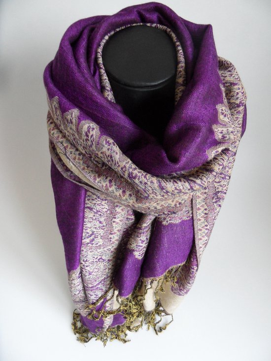 Sjaal, sjaaltje, damessjaal, figuren lengte 180 cm breedte 70 cm kleuren  paars beige... | bol.com