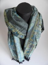 Sjaal, sjaaltje,  bloemen lengte 180 cm breedte 70 cm kleuren groen zwart blauw geel paars grijs franjes.