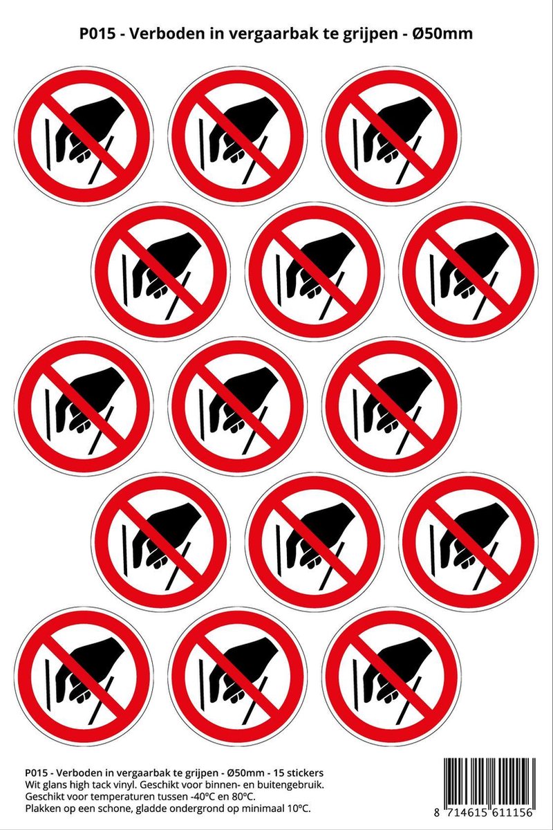 Pictogram sticker P015 - Verboden in vergaarbak te grijpen - Ø 50mm - 15 stickers op vel