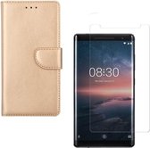 hoesje Geschikt voor: Nokia Nokia 8 Sirocco Portemonnee Goud met 2 stuks Glas Screen protector