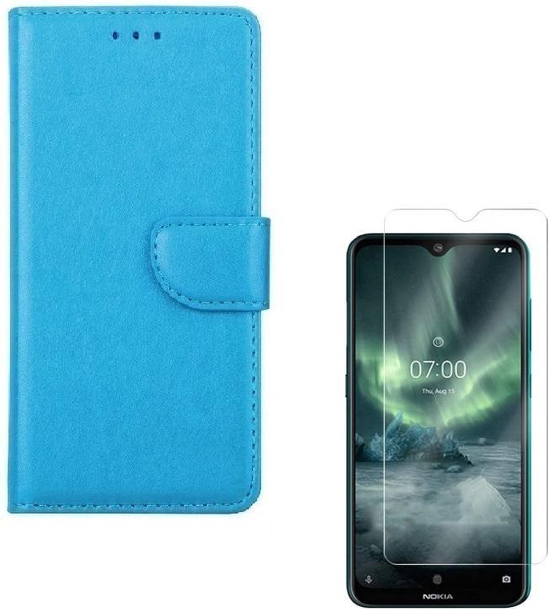 Nokia 6.2 Portemonnee hoesje Turquoise met 2 stuks Glas Screen protector