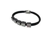 Silventi 980101953 Lederen armband met metalen elementen - zirkonia - zwart - zilverkleurig