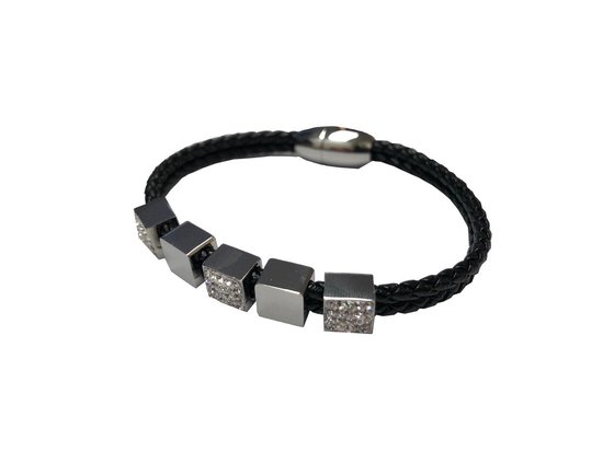 Silventi 980101953 Bracelet en cuir avec éléments métalliques - zircone - noir - argenté