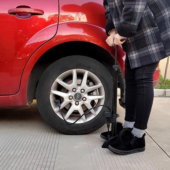 Matzwarte Fietspomp met Drukmeter én Extra Ventielen - Multifunctioneel Mondstuk – Schrader en Presta – Aluminium Lichtgewicht Vloerpomp – Ballenpomp/ Scooterpomp/ Autobandenpomp