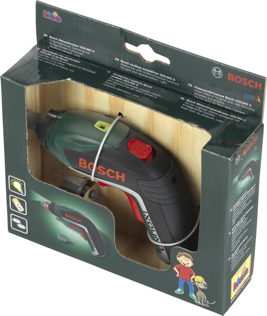 Klein Toys Bosch Ixolino II accu-schroevendraaier - 12,5x4x9 cm - incl. realistische geluids- en lichteffecten - groen rood zwart - Klein