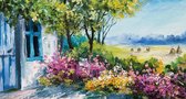 PB-Collection  - Tuinschilderij Aqua Schuur 50x70cm - Tuin Decoratie - Schilderij Buiten - Bloemen