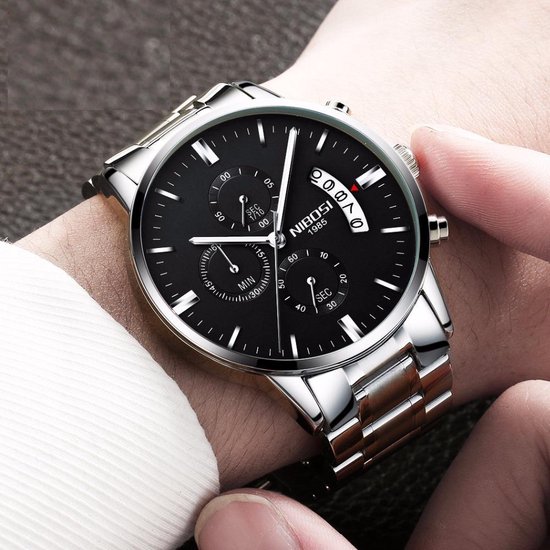 NIBOSI Horloges voor mannen - Luxe Zilver Zwart Design - Heren Horloge - Ã˜42