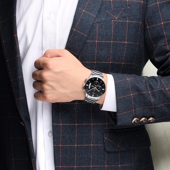 NIBOSI Horloges voor mannen - Luxe Zilver Zwart Design - Heren Horloge - Ø42 - NIBOSI