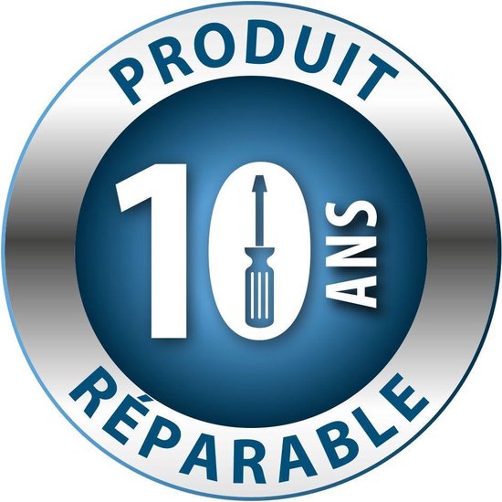 Cirkelvormig "10 jaarReparable" logo met schroevendraaier op blauwe achtergrond.