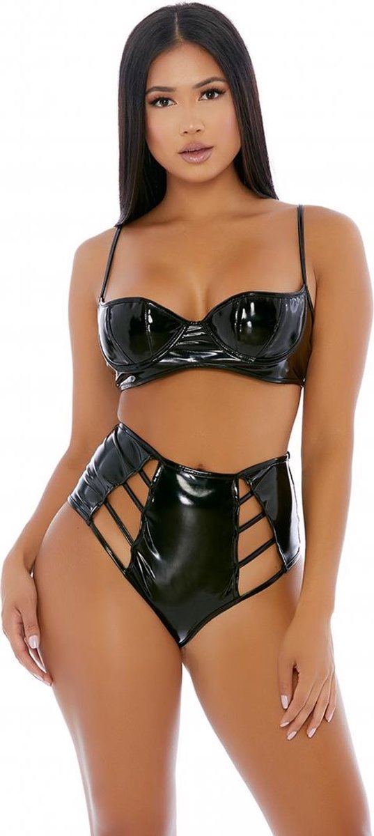 Strings Attached Vinyl Lingerie Set - Zwart - M