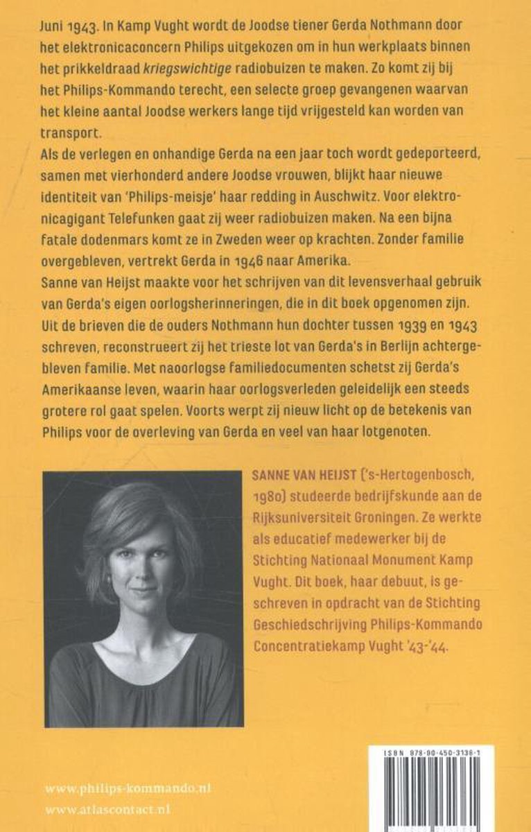Achterkant boek met portret van Sanne van Heijst. Titel: Philips-meisje van Kamp Vught.