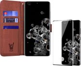 Hoesje geschikt voor Samsung Galaxy S20 Ultra - Screen Protector FullGuard - Book Case Leer Pasjeshouder Bruin & Screenprotector