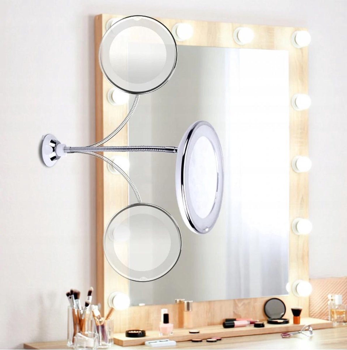 Miroir Mural Grossissant LED 20,3 Cm - Rechargeable USB, Grossissement 1X/5X, Lumière Réglable 3 Couleurs, Argent