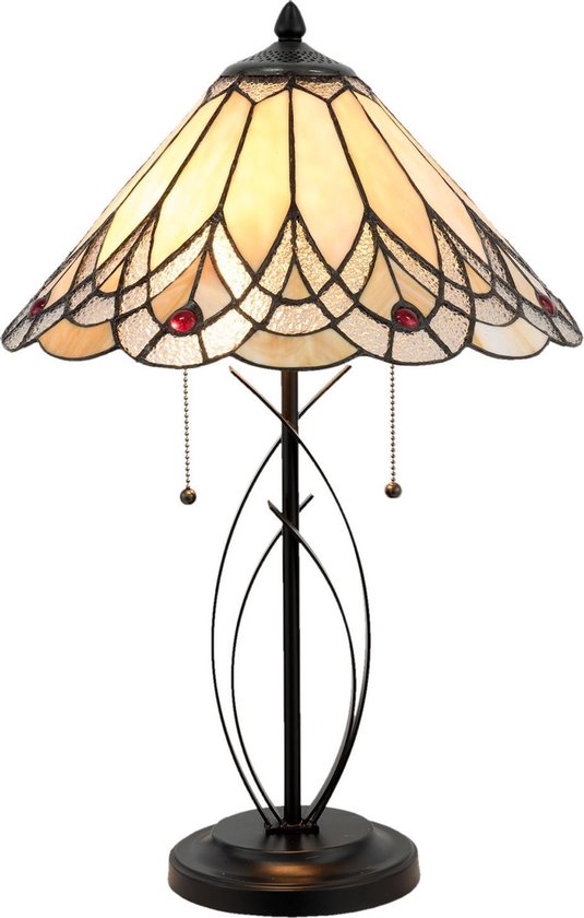 LumiLamp Tiffany Tafellamp Ø 40x60 cm Beige Glas Driehoek Tiffany Bureaulamp