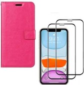 Bookcase Geschikt voor: iPhone 11 - roze - portemonee hoesje + 2X Full cover Tempered Glass Screenprotector