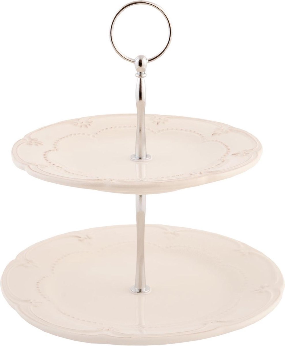 Clayre & Eef Etagère 2 laags 23 cm Beige Keramiek Roosjes
