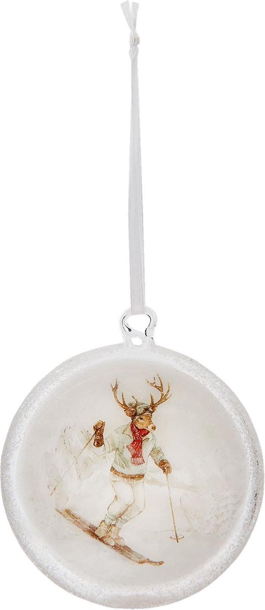 Clayre & Eef Kerstbal Hert 6GL1996   10*2*11 cm - Wit Glas Kerstboomversiering Kerstversiering Kerstdecoratie