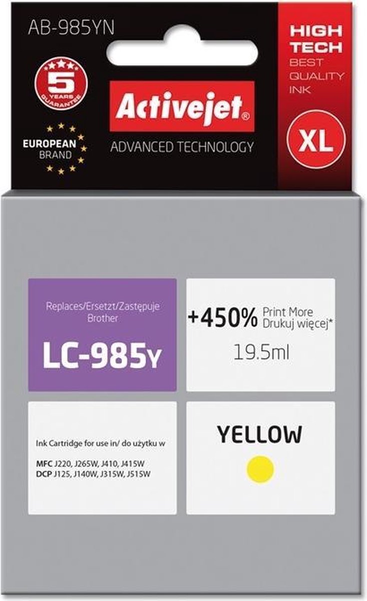 ActiveJet AB-985YN inkt voor brother printer; Brother LC985Y vervanging; Opperste; 19,5 ml; geel.