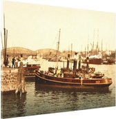 Oud Stadsgezicht Rotterdam - Stoomboot en Brug over Maas - Oude Foto Print op Canvas Doek - 90x60 cm