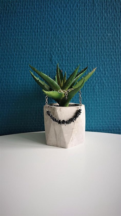 Zilverkleurig schakelarmbandje met ruwe zwarte steentjes, gedrapeerd over een succulente plant in een betonnen pot.